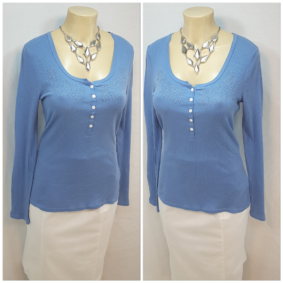 CALVIN KLEIN, Beaded Henley Top, size Large - Picture 6 of 8